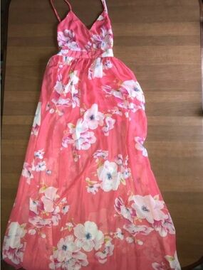 Coral Floral Maxi Dress with Spaghetti Straps Open Back